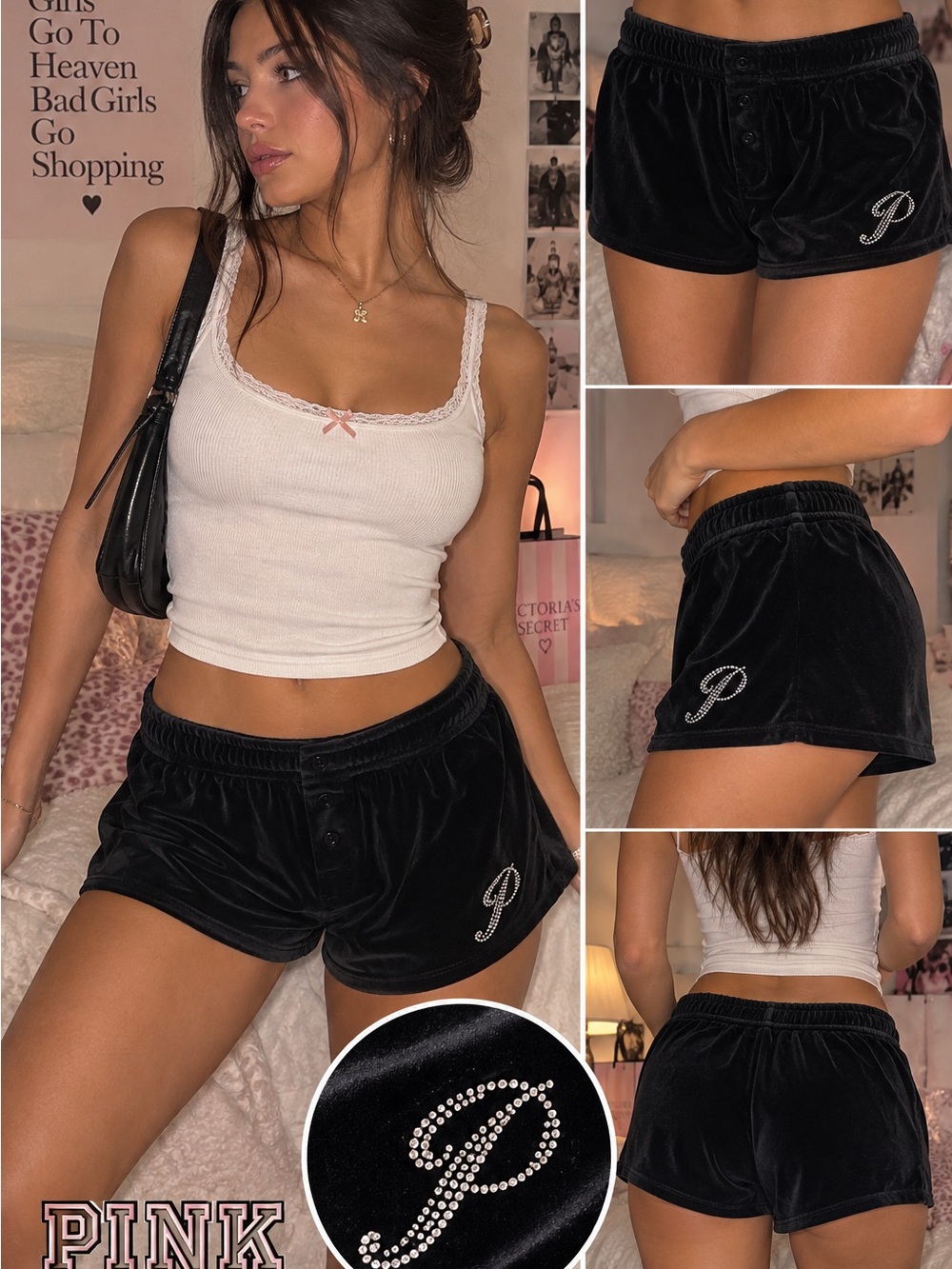 PINK Victoria’s Secret Black Velour Rhinestone P Lounge Shorts M